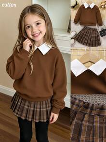 SHEIN Elladie kids Young Girl Contrast Collar Sweatshirt & Plaid Pleated Skirt Autumn Fall - Multicolor - View 11