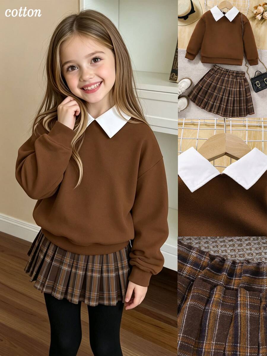 SHEIN Elladie kids Young Girl Contrast Collar Sweatshirt & Plaid Pleated Skirt Autumn Fall - Multicolor - View 1