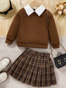 SHEIN Elladie kids Young Girl Contrast Collar Sweatshirt & Plaid Pleated Skirt Autumn Fall - Multicolor - View 9