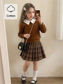 SHEIN Elladie kids Young Girl Contrast Collar Sweatshirt & Plaid Pleated Skirt Autumn Fall - Multicolor - View 4