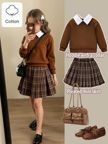 SHEIN Elladie kids Young Girl Contrast Collar Sweatshirt & Plaid Pleated Skirt Autumn Fall - Multicolor - View 3