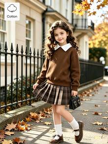 SHEIN Elladie kids Young Girl Contrast Collar Sweatshirt & Plaid Pleated Skirt Autumn Fall - Multicolor - View 1