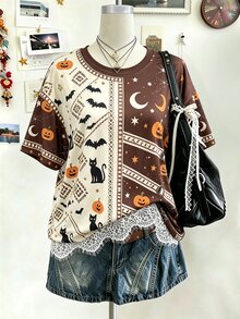 Collagica Collagica 新款蕾絲拼接寬鬆休閒可愛居家女款T恤，萬用百搭，棕色與奶油色，適合萬聖節、日常白天穿著，夏季款 - 黑色 - 查看 6