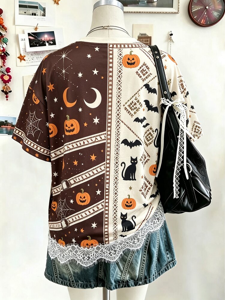 Collagica Collagica New Lace Patchwork Loose Fit Casual Cute Home Wear Versatile Women's T-Shirt Halloween Everyday Daytime Brown And Cream Summer - Black - View 2