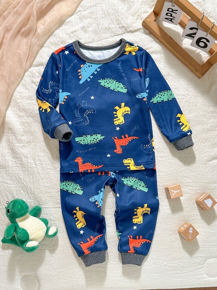 Loomiva Baby Boy Snug Fit Pajama Cartoon Animal Pattern Knitted Soft Crew Neck Long Sleeve Pullover Top Elastic Waist Long Pants 2-Piece Set,Halloween Fall - Navy Blue - View 3