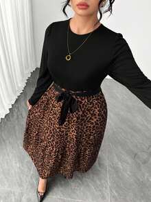 SHEIN LUNE CURVE Plus Size Elegant Knit & Woven Patchwork Leopard Print Long Sleeve Round Neck Bow Tie Long Dress Fall - Black - View 8