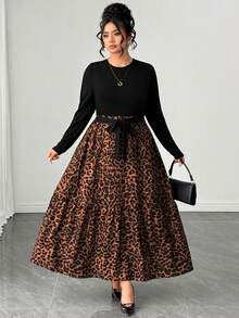 SHEIN LUNE CURVE Plus Size Elegant Knit & Woven Patchwork Leopard Print Long Sleeve Round Neck Bow Tie Long Dress Fall - Black - View 7