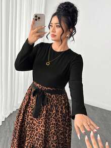 SHEIN LUNE CURVE Plus Size Elegant Knit & Woven Patchwork Leopard Print Long Sleeve Round Neck Bow Tie Long Dress Fall - Black - View 6