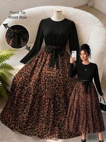 SHEIN LUNE CURVE Plus Size Elegant Knit & Woven Patchwork Leopard Print Long Sleeve Round Neck Bow Tie Long Dress Fall - Black - View 1