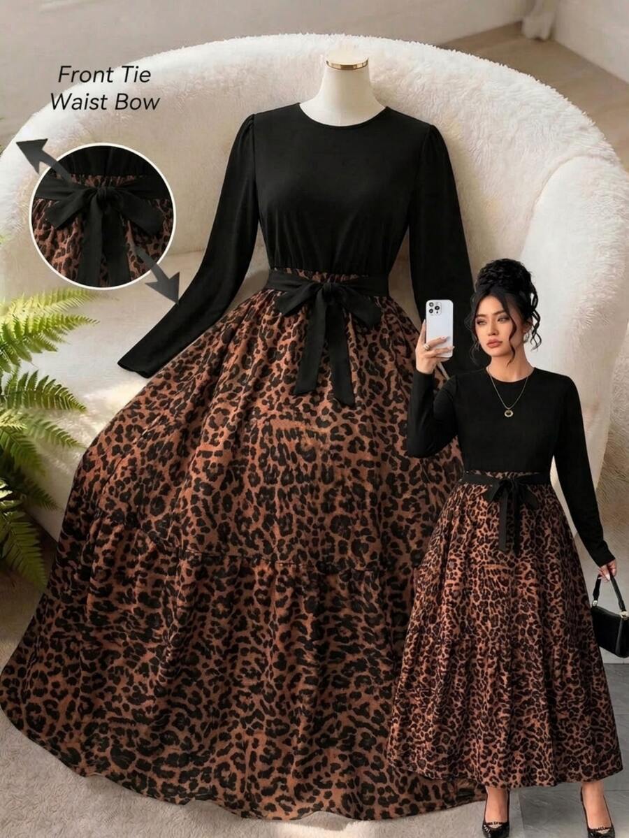 SHEIN LUNE CURVE Plus Size Elegant Knit & Woven Patchwork Leopard Print Long Sleeve Round Neck Bow Tie Long Dress Fall - Black - View 1