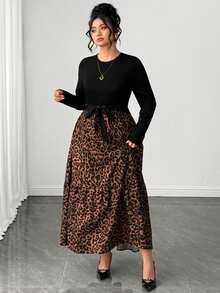 SHEIN LUNE CURVE Plus Size Elegant Knit & Woven Patchwork Leopard Print Long Sleeve Round Neck Bow Tie Long Dress Fall - Black - View 5