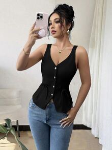 Elenzga 2025年情人节新款深V领系带蝴蝶结吊带背心，女士修身款 - 黑色 - 查看 5