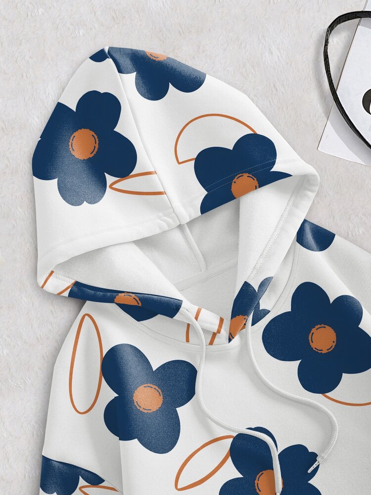 Lalippa Women's White Drawstring Hoodie Vintage Simple Navy Floral Print Oversized Long Sleeve Casual Sweatshirt For Spring Fall Daily Outfits - Multicolor - View 4