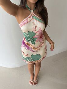 Aloruh Women's Spring/Summer Neck Tie Printed Mini Dress,Dresses For Women Summer - Multicolor - View 5