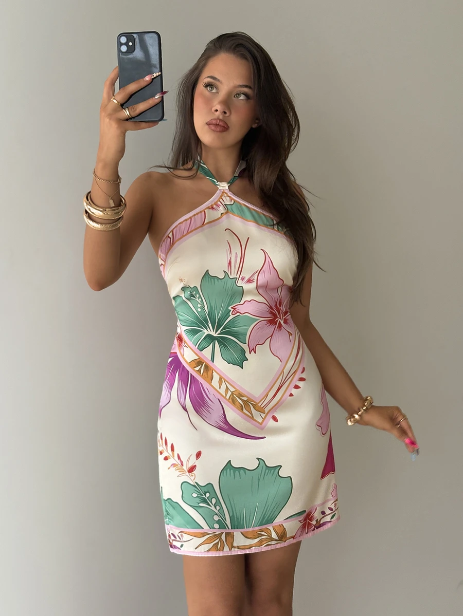 Aloruh Women's Spring/Summer Neck Tie Printed Mini Dress,Dresses For Women Summer - Multicolor - View 1