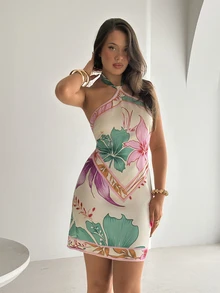 Aloruh Women's Spring/Summer Neck Tie Printed Mini Dress,Dresses For Women Summer - Multicolor - View 2