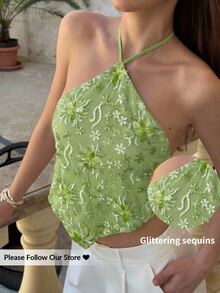 Aloruh Women's Sequin Backless Halter Top, Pastal Floral Summer Boho Sexy Holiday Vacation Beach Golf Tropical Concert Rave Festival Western - Green - View 7