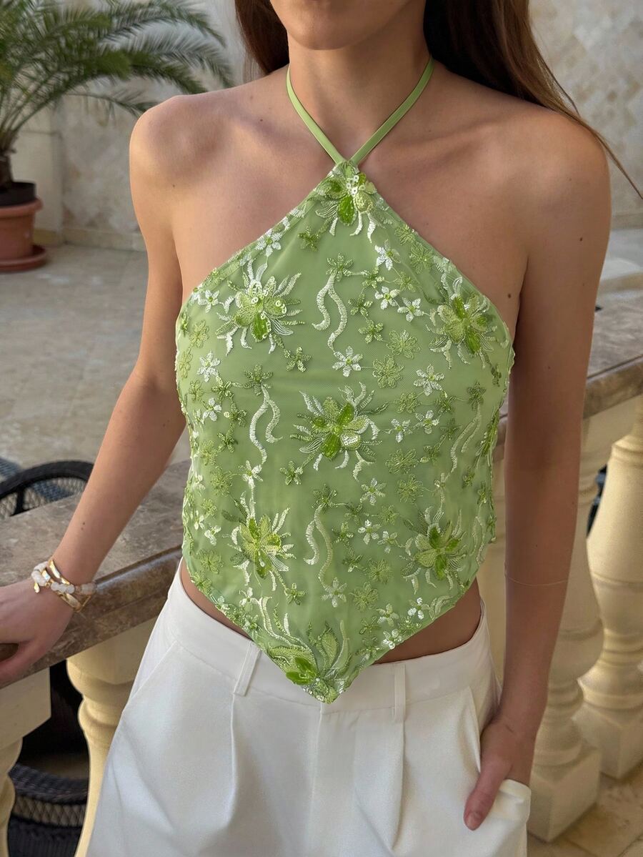 Aloruh Women's Sequin Backless Halter Top, Pastal Floral Summer Boho Sexy Holiday Vacation Beach Golf Tropical Concert Rave Festival Western - Green - View 1
