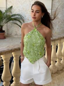 Aloruh Women's Sequin Backless Halter Top, Pastal Floral Summer Boho Sexy Holiday Vacation Beach Golf Tropical Concert Rave Festival Western - Green - View 2