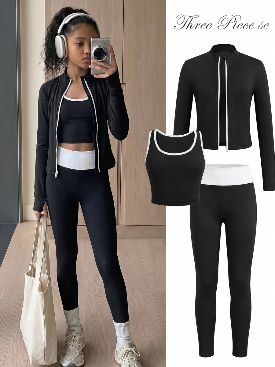 SHEIN Tween Girls Black White Tween Girl Color Block Front Zip-Up Jacket Vest Leggings Sports Outfit 3pcs Set - Black and White - View 1