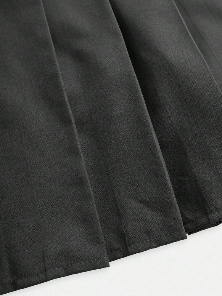 SHEIN Girls'Pleated High Waist Black Skirt,Built-In Shorts 2-In-1 Skort,Casual Summer School Back-To-School,Versatile For All Seasons - Dark Grey - View 4