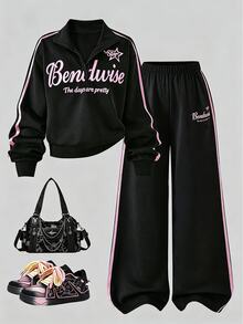 SHEIN Sparklyn 女童休閒兩件套，長袖抓絨秋季套裝，紐約字母印花立領衛衣與短褲，保暖校園穿搭，秋季 - 黑色 - 查看 6