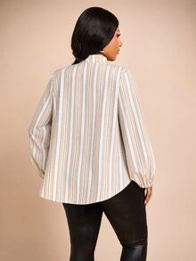 Brilight Chic Vertical Stripe Blouse,Ruffled Collar Big Bow Lantern Sleeve Shirt, Formal Top For Work O - Coffee Brown - View 2