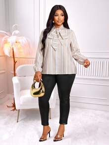 Brilight Chic Vertical Stripe Blouse,Ruffled Collar Big Bow Lantern Sleeve Shirt, Formal Top For Work O - Coffee Brown - View 9