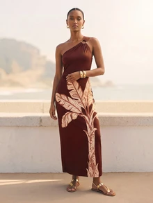 CAJUNI Chic Vacation Brown Ornament Palm Tree Knit One Shoulder Midi Dress - Brown - View 5