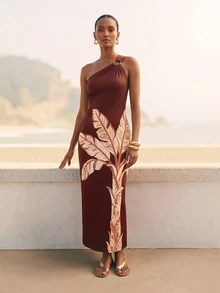 CAJUNI Chic Vacation Brown Ornament Palm Tree Knit One Shoulder Midi Dress - Brown - View 4