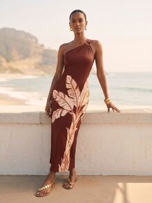 CAJUNI Chic Vacation Brown Ornament Palm Tree Knit One Shoulder Midi Dress - Brown - View 6
