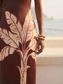 CAJUNI Chic Vacation Brown Ornament Palm Tree Knit One Shoulder Midi Dress - Brown - View 3