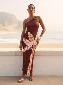 CAJUNI Chic Vacation Brown Ornament Palm Tree Knit One Shoulder Midi Dress - Brown - View 2