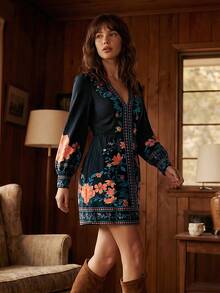 CAJUNI Vestido mini de manga larga lindo y romántico para vacaciones tropicales - Multicolor - Ver 7