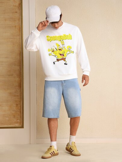 SpongeBob SquarePants | SHEIN סווטשירט ארוך עם אותיות ודוגמאות מצוירות לגברים, סתיו