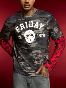 WB Horror X SHEIN تي شيرت رجالي بطباعة حروف وتمويه 2 في 1 FRIDAY THE 13TH - أخضر عسكري - مشاهدة 6