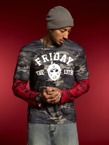 WB Horror X SHEIN تي شيرت رجالي بطباعة حروف وتمويه 2 في 1 FRIDAY THE 13TH - أخضر عسكري - مشاهدة 4