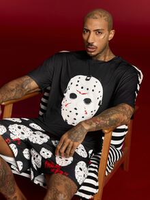 WB Horror X SHEIN Friday The 13TH Men's Crew Neck Short Sleeve Top And Shorts Casual Daily Homewear Set - Black - View 3