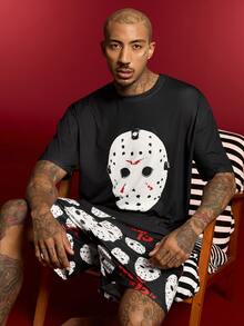 WB Horror X SHEIN Friday The 13TH Men's Crew Neck Short Sleeve Top And Shorts Casual Daily Homewear Set - Black - View 5