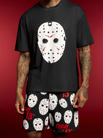 WB Horror X SHEIN Friday The 13TH Men's Crew Neck Short Sleeve Top And Shorts Casual Daily Homewear Set