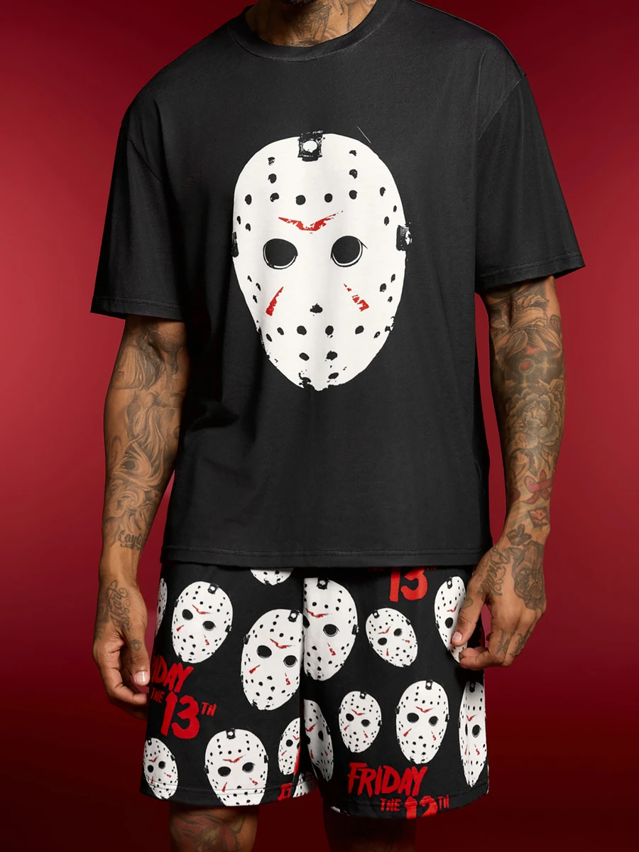 WB Horror X SHEIN Friday The 13TH Men's Crew Neck Short Sleeve Top And Shorts Casual Daily Homewear Set - Black - View 1