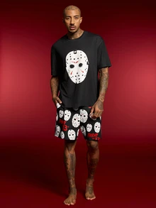 WB Horror X SHEIN Friday The 13TH Men's Crew Neck Short Sleeve Top And Shorts Casual Daily Homewear Set - Black - View 4