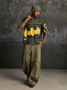 BATMAN X SHEIN Men's Streetwear Letter Print Crew Neck Short Sleeve T-Shirt - Black - View 5