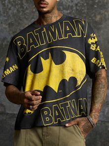 BATMAN X SHEIN Men's Streetwear Letter Print Crew Neck Short Sleeve T-Shirt - Black - View 3