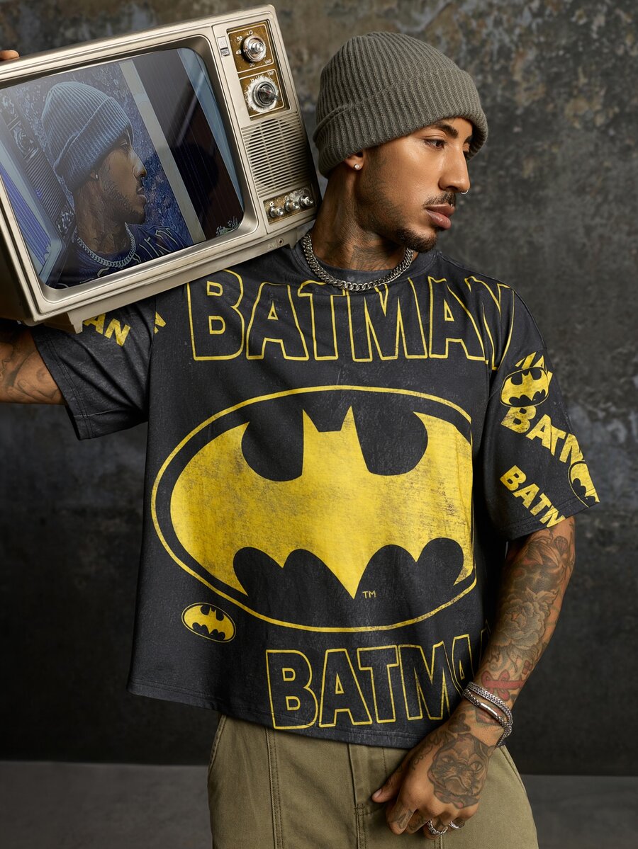 BATMAN X SHEIN Men's Streetwear Letter Print Crew Neck Short Sleeve T-Shirt - Black - View 1