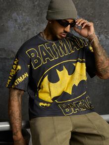 BATMAN X SHEIN Men's Streetwear Letter Print Crew Neck Short Sleeve T-Shirt - Black - View 6