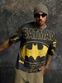 BATMAN X SHEIN Men's Streetwear Letter Print Crew Neck Short Sleeve T-Shirt - Black - View 4