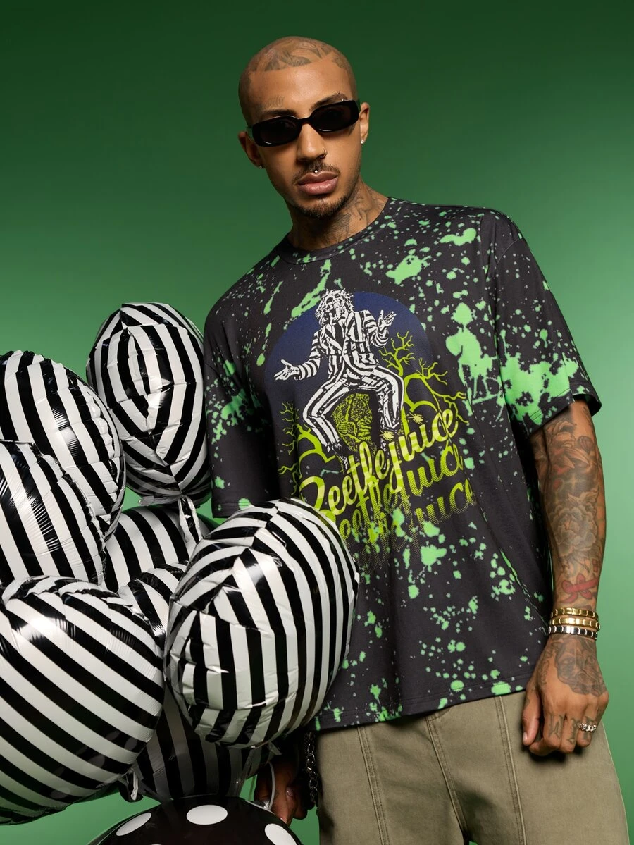 Beetlejuice X SHEIN Men's Letter Print Casual Versatile Daily Wear T-Shirt - Black - View 1
