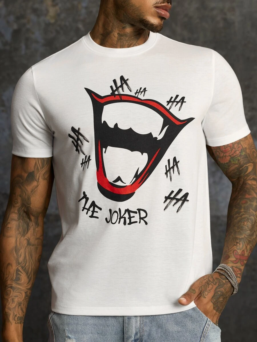 JOKER X SHEIN Kaos Lengan Pendek Kasual Pria untuk Sehari-hari dengan Motif Bibir - Putih - View 1