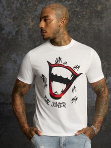 JOKER X SHEIN Kaos Lengan Pendek Kasual Pria untuk Sehari-hari dengan Motif Bibir - Putih - View 6